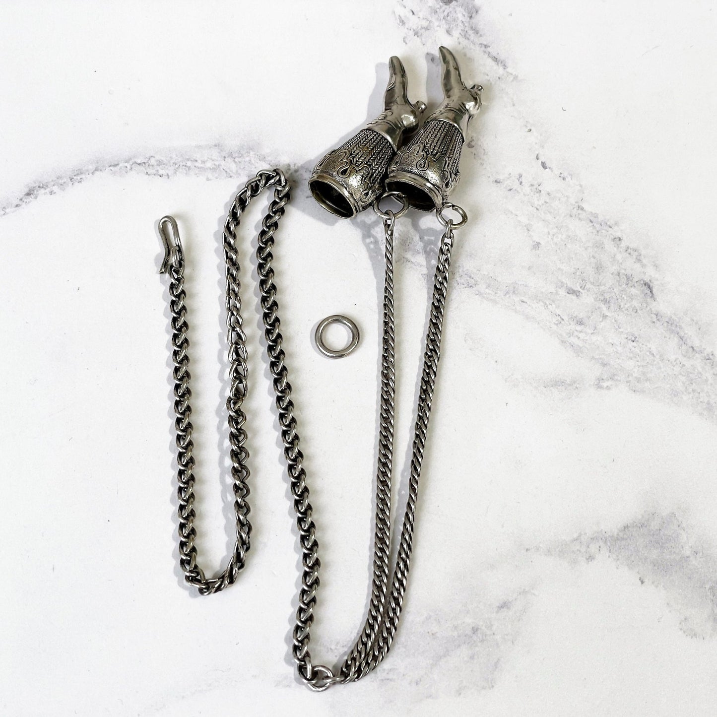 Antique Georgian Silver Y-Chain With Boot Needle Guards. Victorian Sterling Silver Chatelaine Chain Bracelet & Figural Lady's Boot Charms