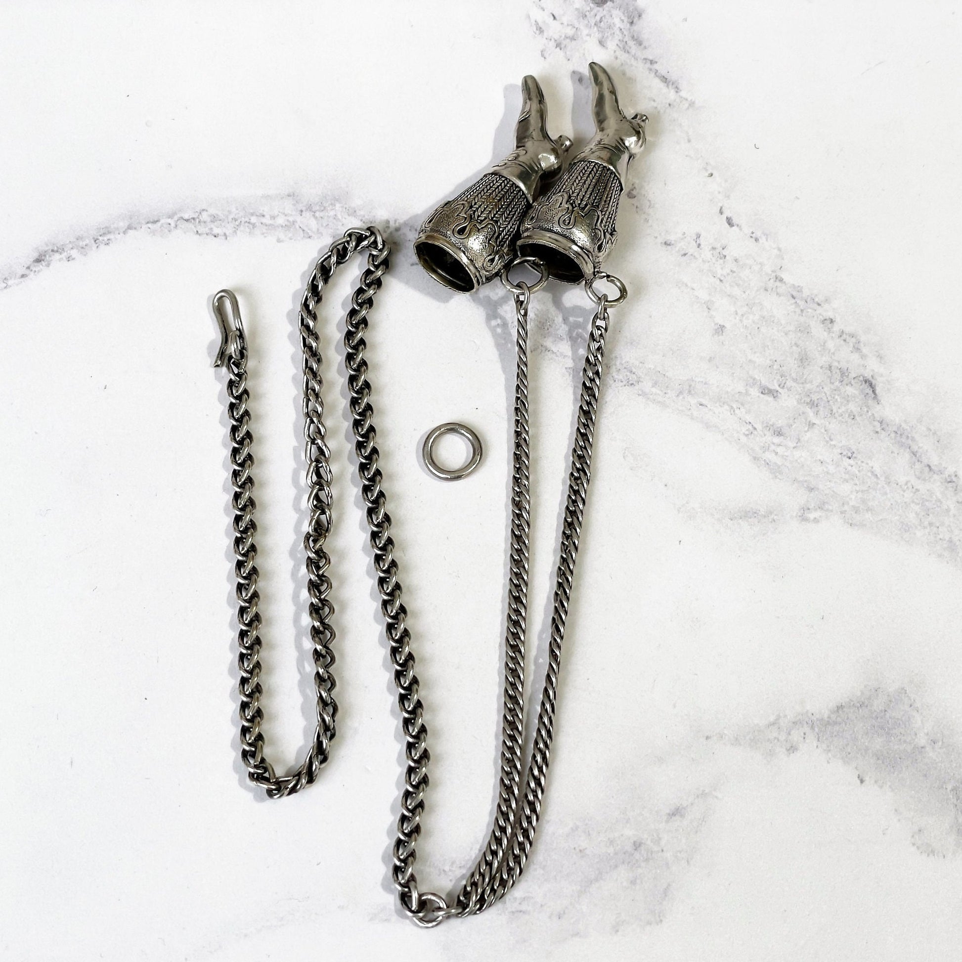 Antique Georgian Silver Y-Chain With Boot Needle Guards. Victorian Sterling Silver Chatelaine Chain Bracelet & Figural Lady's Boot Charms