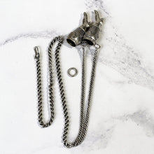 画像をギャラリービューアに読み込む, Antique Georgian Silver Y-Chain With Boot Needle Guards. Victorian Sterling Silver Chatelaine Chain Bracelet &amp; Figural Lady&#39;s Boot Charms
