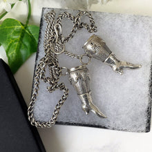 Lade das Bild in den Galerie-Viewer, Antique Georgian Silver Y-Chain With Boot Needle Guards. Victorian Sterling Silver Chatelaine Chain Bracelet &amp; Figural Lady&#39;s Boot Charms
