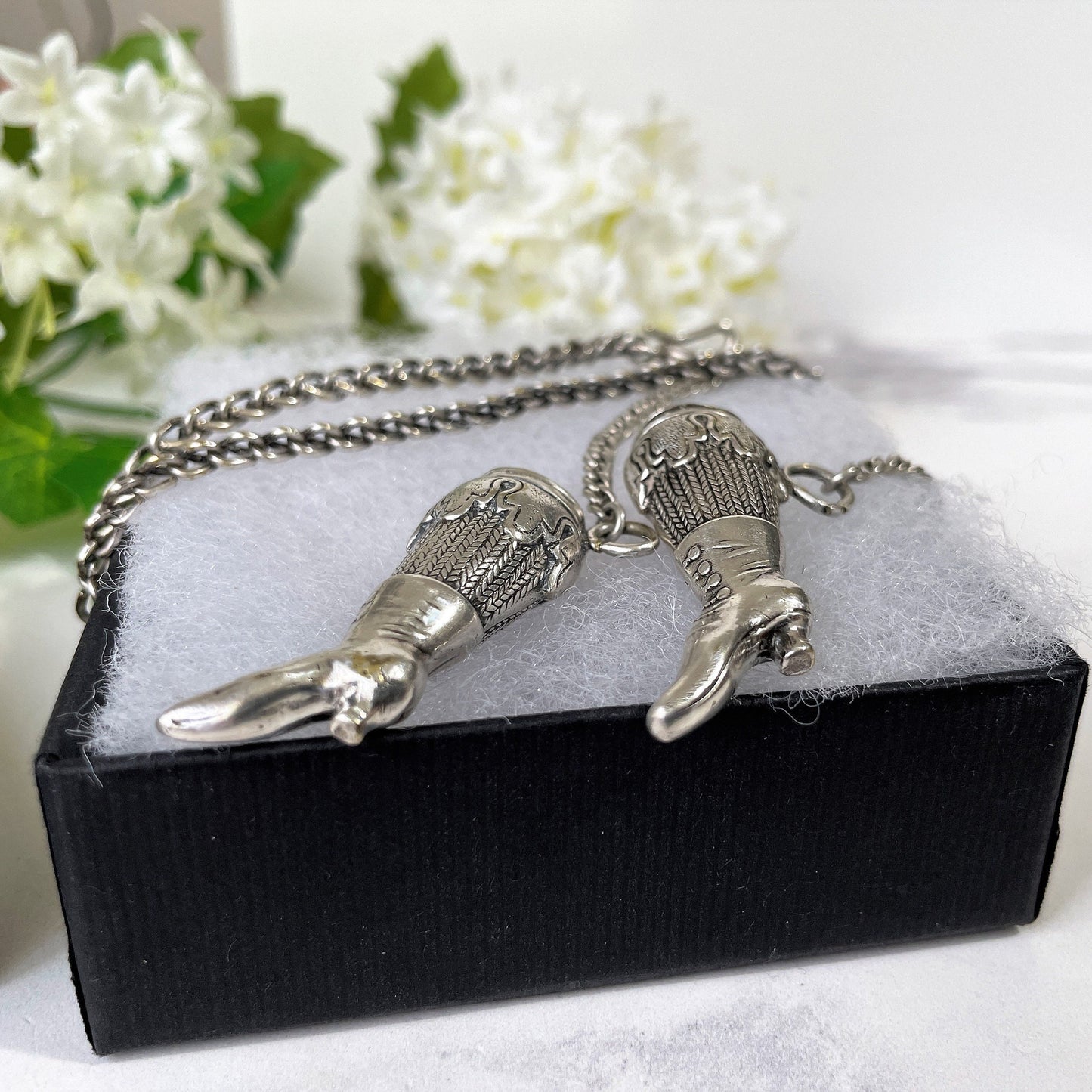 Antique Georgian Silver Y-Chain With Boot Needle Guards. Victorian Sterling Silver Chatelaine Chain Bracelet & Figural Lady's Boot Charms