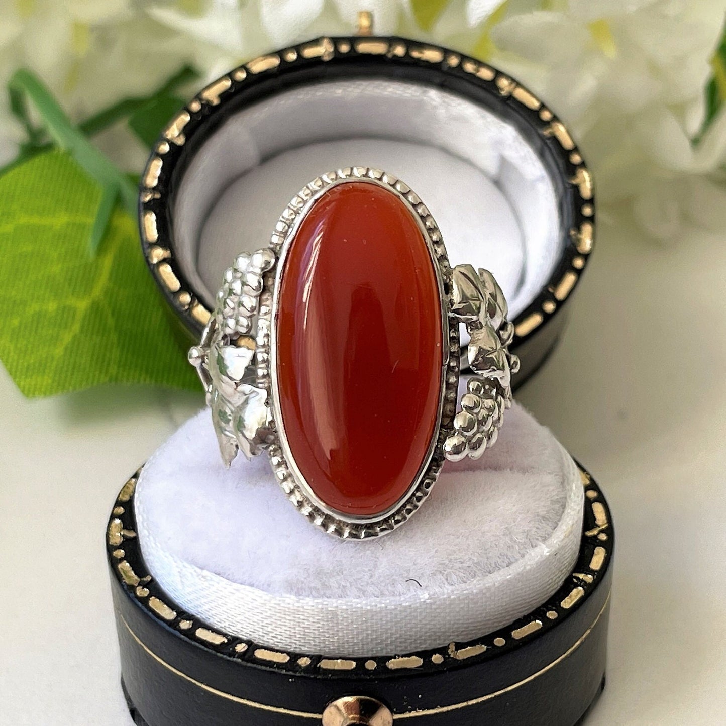 Antique Arts & Crafts Silver Carnelian Ring. Art Nouveau Sterling Silver Grapevine Ring, Size UK/O, US /7. Edwardian Carnelian Cabochon Ring