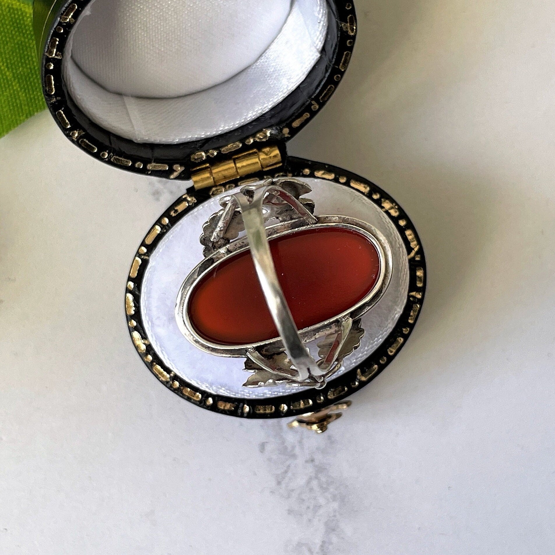 Antique Arts & Crafts Silver Carnelian Ring. Art Nouveau Sterling Silver Grapevine Ring, Size UK/O, US /7. Edwardian Carnelian Cabochon Ring