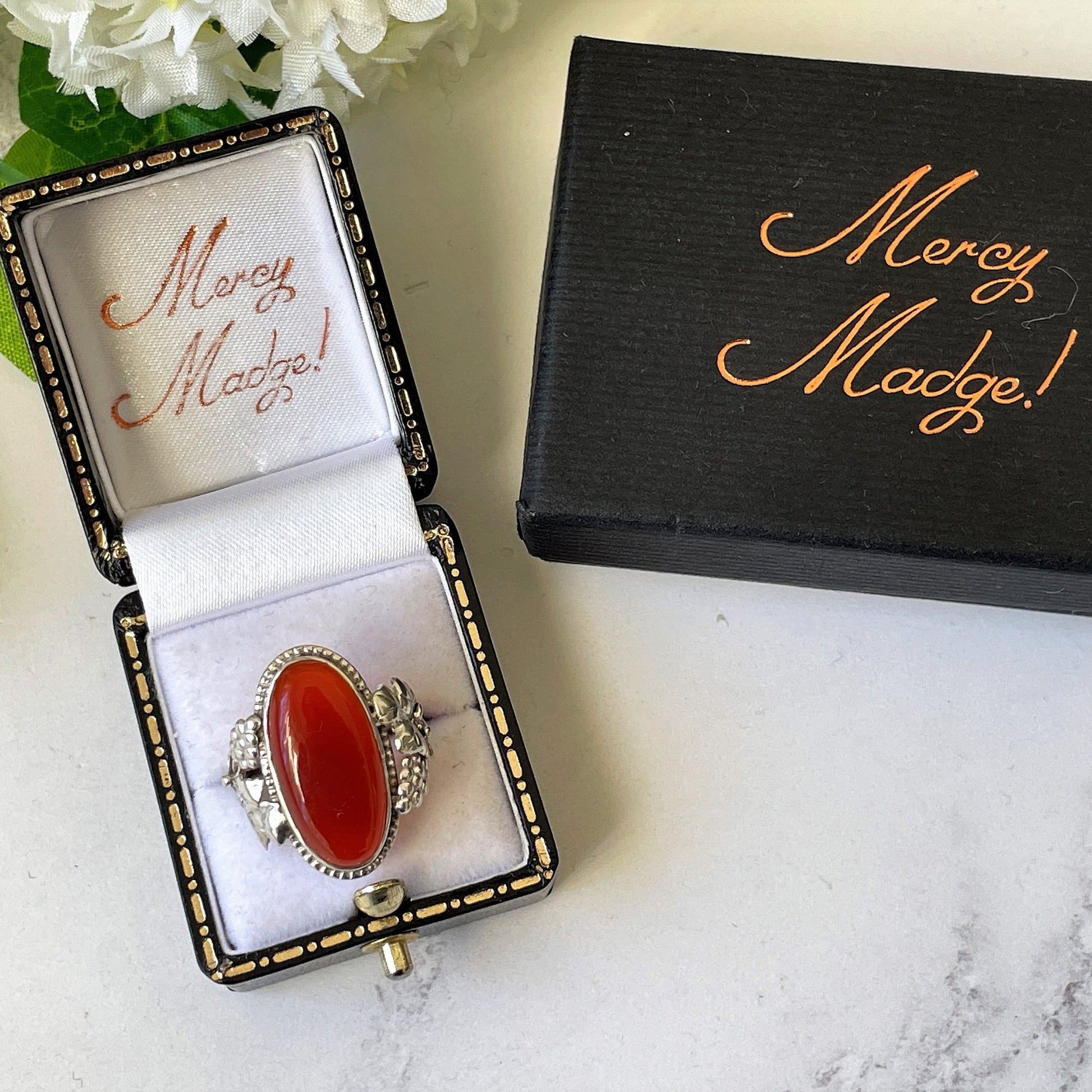 Antique Arts & Crafts Silver Carnelian Ring. Art Nouveau Sterling Silver Grapevine Ring, Size UK/O, US /7. Edwardian Carnelian Cabochon Ring