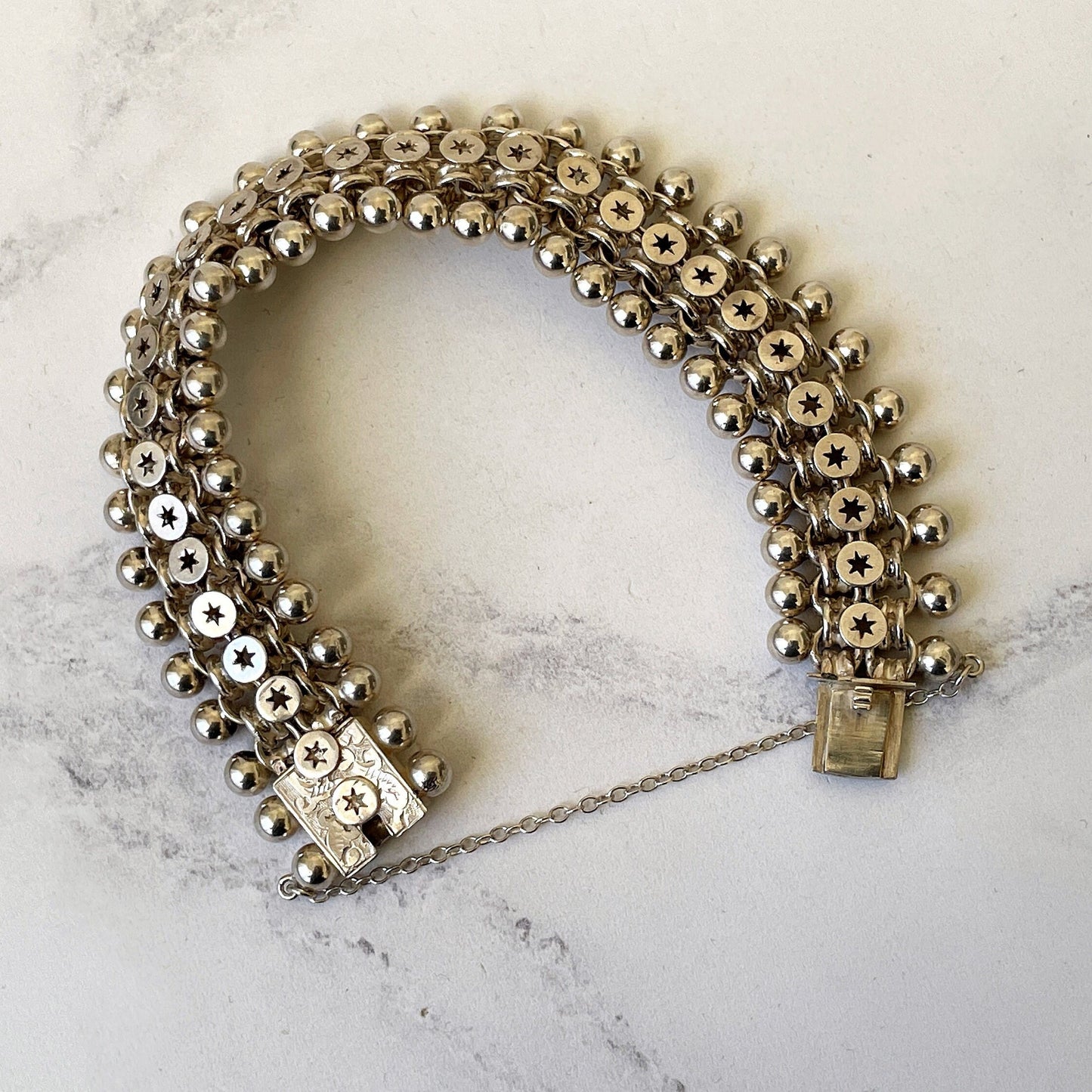 Antique Victorian Sterling Silver Book Chain Bracelet. Victorian Aesthetic Engraved Belcher Link, Star & Silver Bead Bookchain Bracelet.