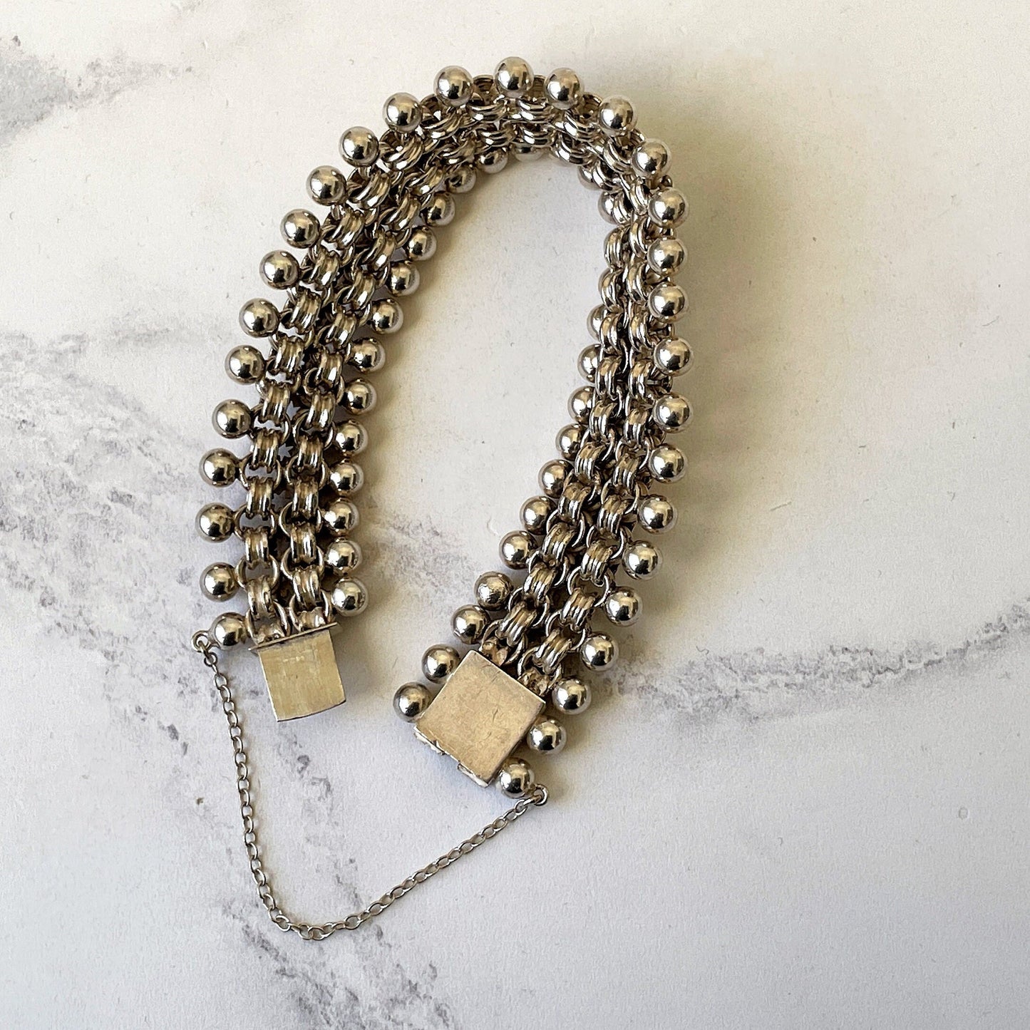 Antique Victorian Sterling Silver Book Chain Bracelet. Victorian Aesthetic Engraved Belcher Link, Star & Silver Bead Bookchain Bracelet.