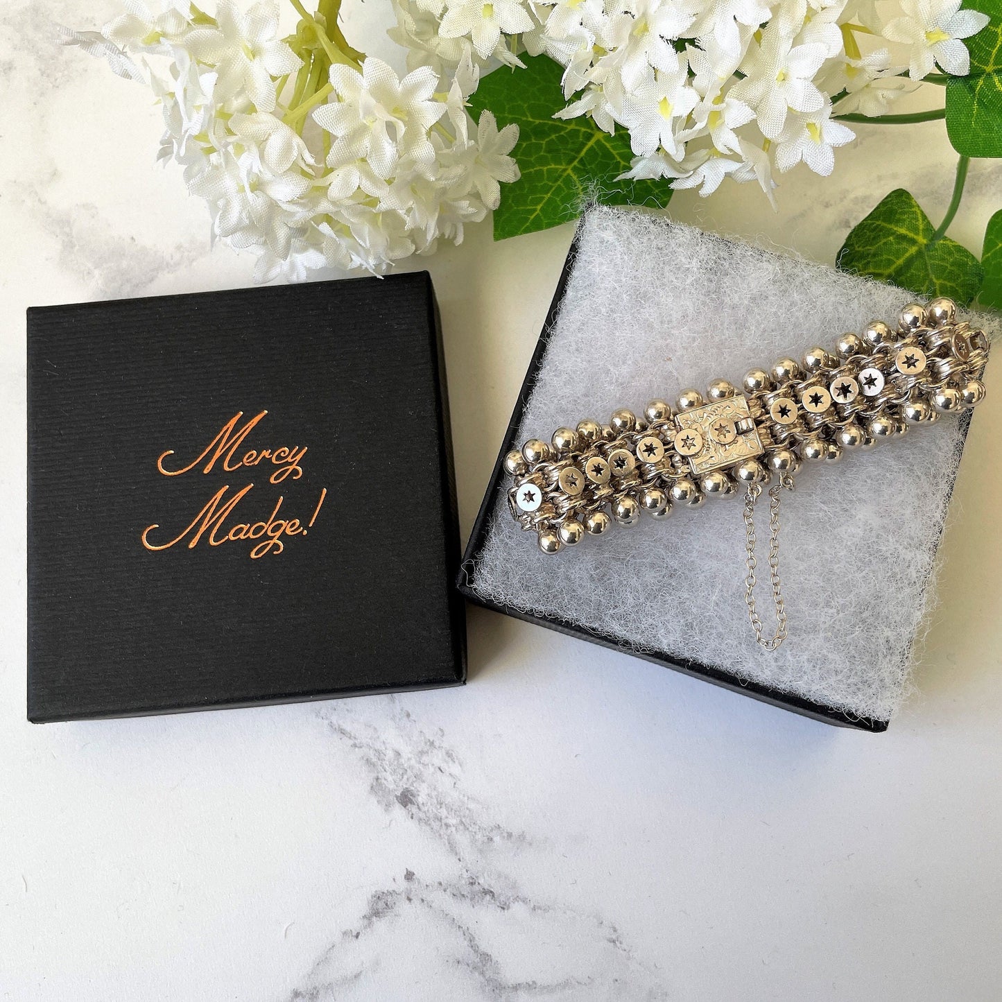 Antique Victorian Sterling Silver Book Chain Bracelet. Victorian Aesthetic Engraved Belcher Link, Star & Silver Bead Bookchain Bracelet.