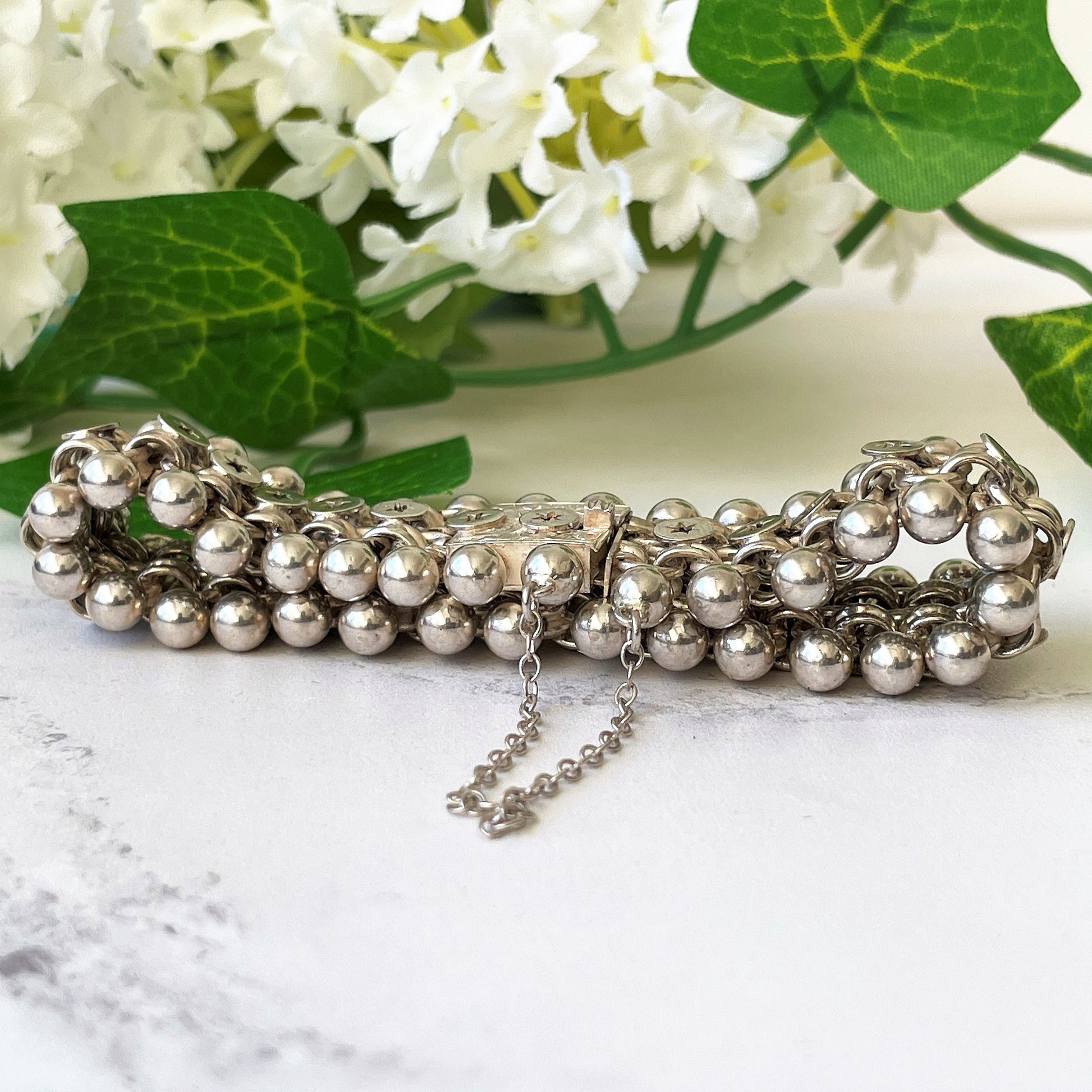 Antique Victorian Sterling Silver Book Chain Bracelet. Victorian Aesthetic Engraved Belcher Link, Star & Silver Bead Bookchain Bracelet.
