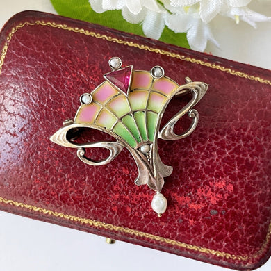 Antique Art Nouveau Plique A Jour Enamel Brooch. Gold Silver Gilt, Pink Tourmaline & Pearl Drop Brooch. Levinger  Bissinger Jewelry, Germany