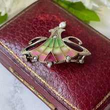 Load image into Gallery viewer, Antique Art Nouveau Plique A Jour Enamel Brooch. Gold Silver Gilt, Pink Tourmaline &amp; Pearl Drop Brooch. Levinger  Bissinger Jewelry, Germany
