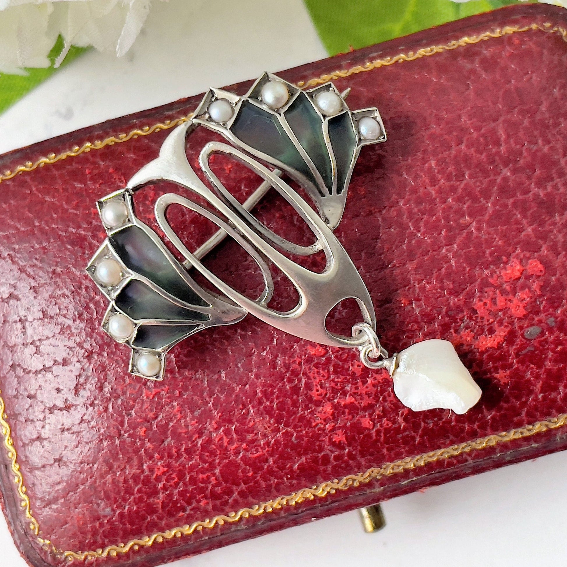 Antique Art Nouveau Plique a Jour and Pearl Brooch. Edwardian Silver & Enamel Pearl Drop Brooch, Germany. Levinger Bissinger Jewelry