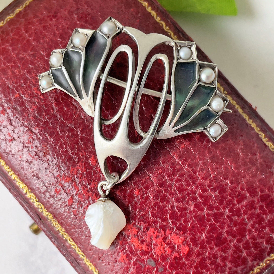 Antique Art Nouveau Plique a Jour and Pearl Brooch. Edwardian Silver & Enamel Pearl Drop Brooch, Germany. Levinger Bissinger Jewelry