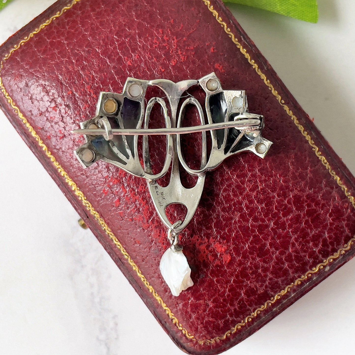 Antique Art Nouveau Plique a Jour and Pearl Brooch. Edwardian Silver & Enamel Pearl Drop Brooch, Germany. Levinger Bissinger Jewelry