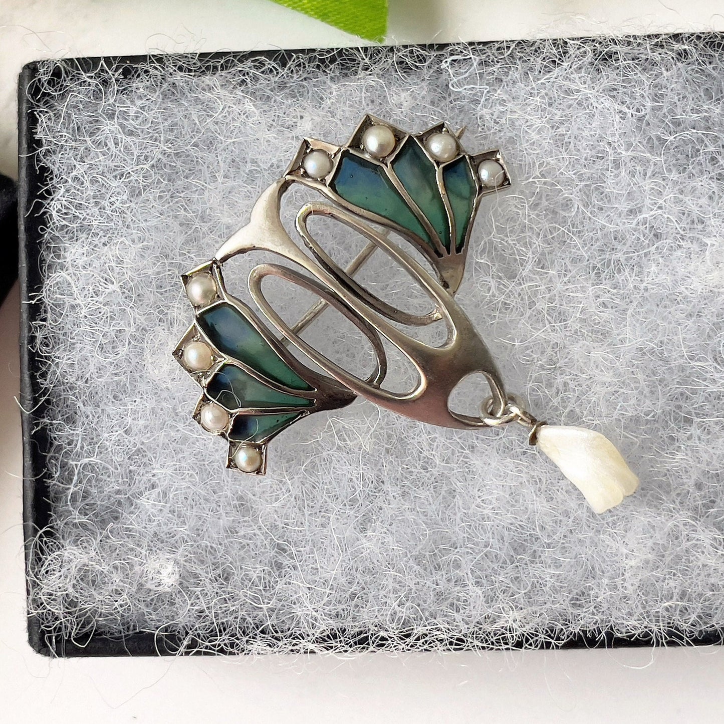 Antique Art Nouveau Plique a Jour and Pearl Brooch. Edwardian Silver & Enamel Pearl Drop Brooch, Germany. Levinger Bissinger Jewelry