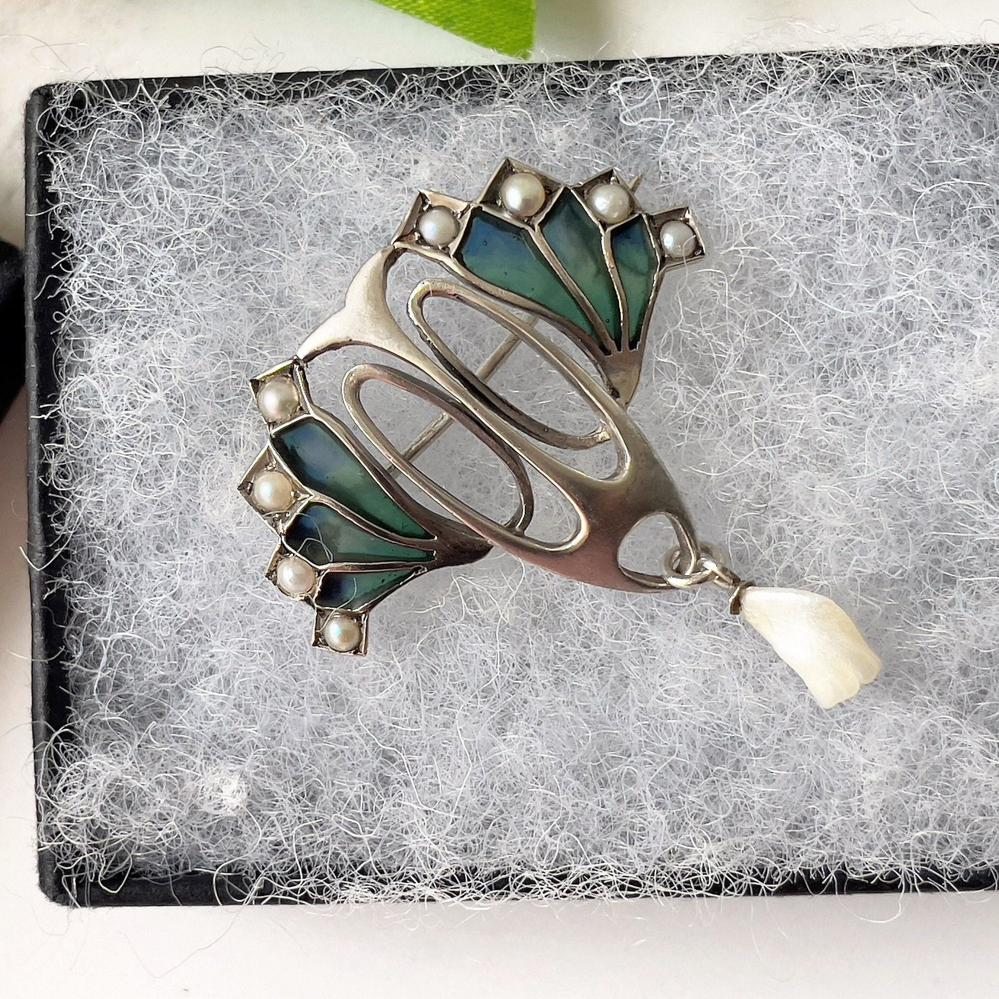 Antique Art Nouveau Plique a Jour and Pearl Brooch. Edwardian Silver & Enamel Pearl Drop Brooch, Germany. Levinger Bissinger Jewelry