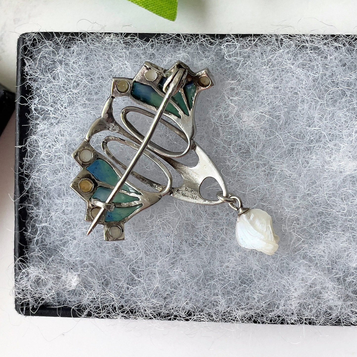 Antique Art Nouveau Plique a Jour and Pearl Brooch. Edwardian Silver & Enamel Pearl Drop Brooch, Germany. Levinger Bissinger Jewelry