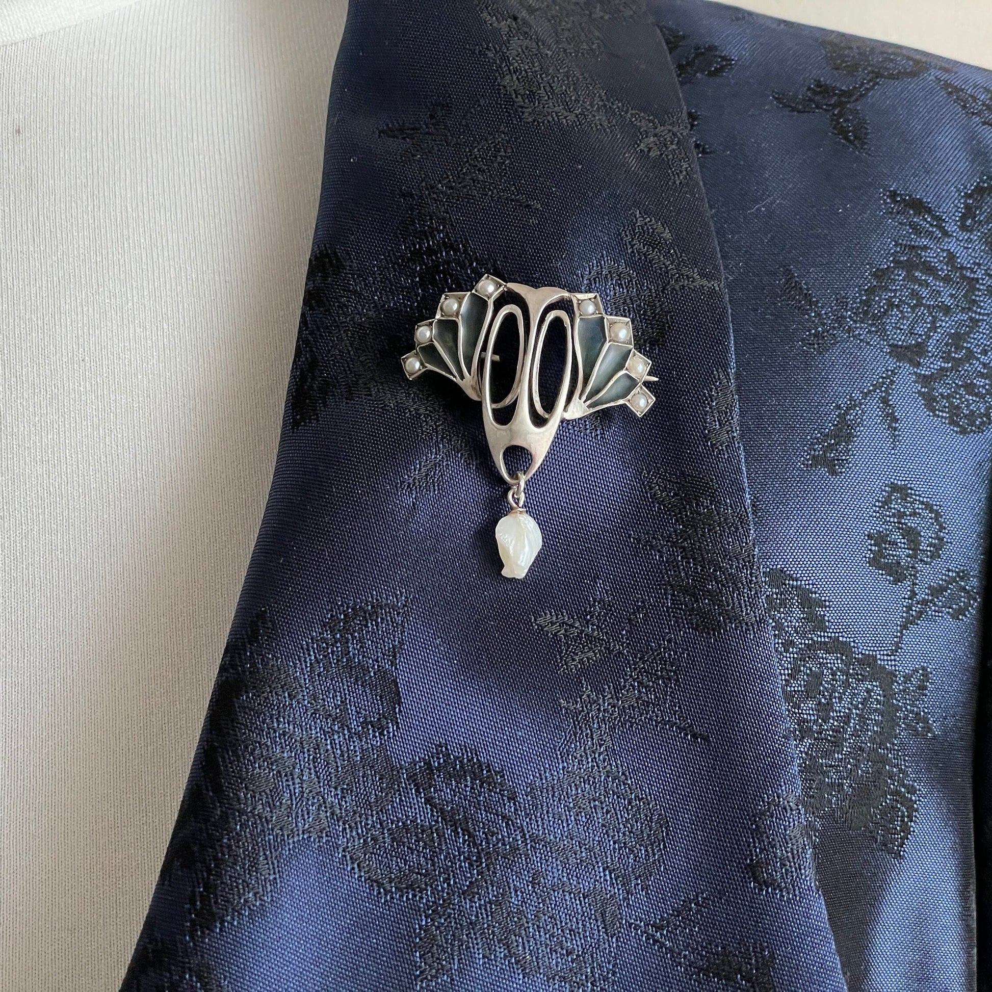 Antique Art Nouveau Plique a Jour and Pearl Brooch. Edwardian Silver & Enamel Pearl Drop Brooch, Germany. Levinger Bissinger Jewelry