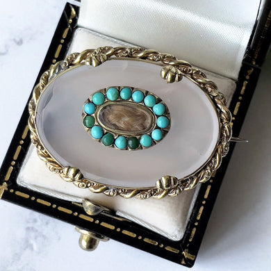 Antique Victorian Turquoise & White Chalcedony Mourning Brooch. Silver, Gold Gilt Locket Brooch With Hair Compartment. Antique Jewelry