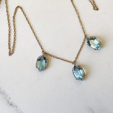 Load image into Gallery viewer, Antique 9ct Gold Aquamarine Fringe Necklace. Edwardian/Art Nouveau Blue Paste Gemstone Drop Necklace. Marquise 3-Stone Trilogy Necklace
