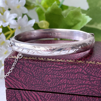 Vintage English Silver Bangle Bracelet, Hallmarked 1965. Floral Engraved Petite/Girls Silver Bracelet. Narrow Sterling Silver Hinged Bangle