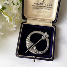 Load image into Gallery viewer, Antique Scottish Silver Celtic Penannular Pin In Case. Engraved Sterling Silver Celtic Knot &amp; Bird Circle Brooch. Antique Scottish Jewellery
