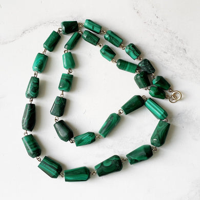 Vintage 14K Gold Filled Malachite Gemstone Necklace. Malachite Cone Bead Necklace 25" /64cm Long. Natural Polished Malachite Necklace.