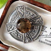 Load image into Gallery viewer, Vintage Scottish Silver Smoky Quartz Cairngorm Brooch. Celtic Cross Disc Brooch, James Coull Edinburgh 1967. Sterling Silver Ring Brooch.
