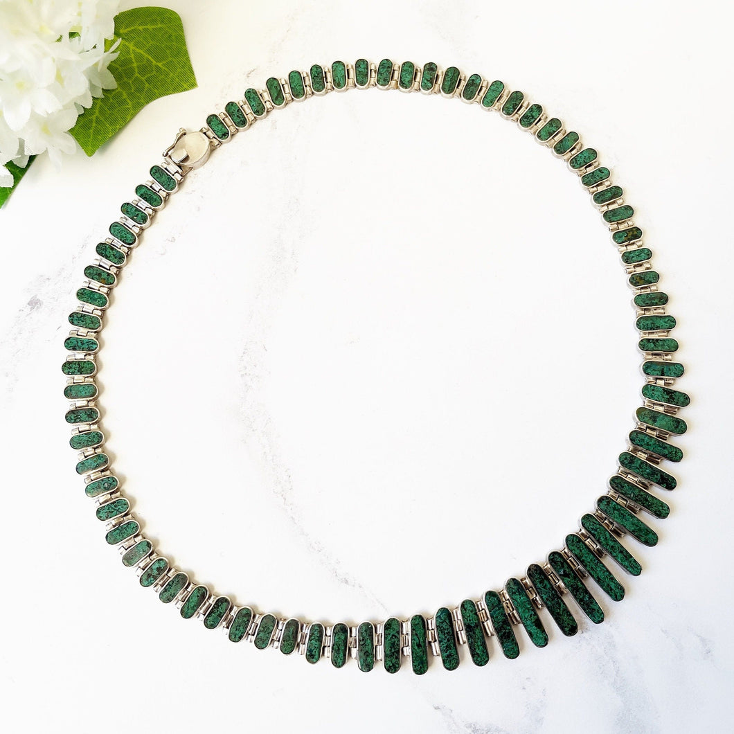 Vintage Malachite and 980 Silver Fringe Necklace. Cleopatra Articulated Collar Necklace. 1980s Sterling Statement Necklace, South America