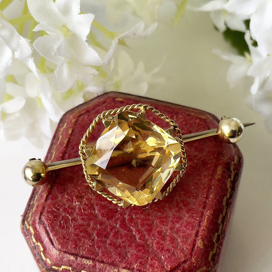 Antique Victorian Scottish Citrine 9ct Gold Brooch. 15ct Lemon Citrine Brooch. Antique Scottish Cairngorm 9ct Gold Lapel/Stock/Cravat Pin.
