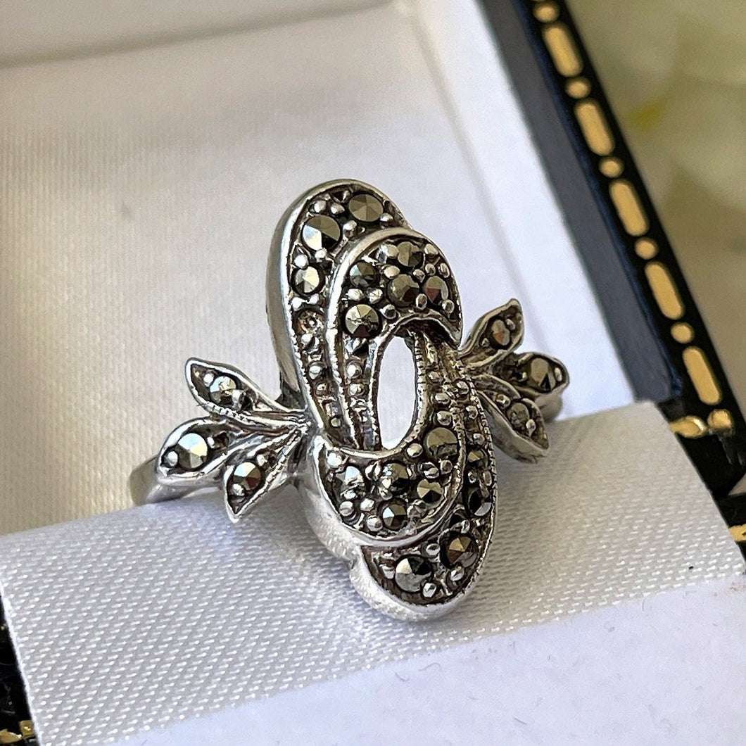 Antique Art Deco Silver Marcasite Ring. Vintage 1930s Ostrich Feather & Flower Ring. Sterling Silver Elongated Oval Ring. Size L UK/5.75 US