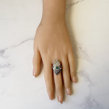 Cargar imagen en el visor de la galería, Antique Chinese Engraved Sterling Silver Double Fish Ring. Art Deco Paste Diamond &amp; Jade Marquise Ring. Optical Illusion Good Luck Amulet
