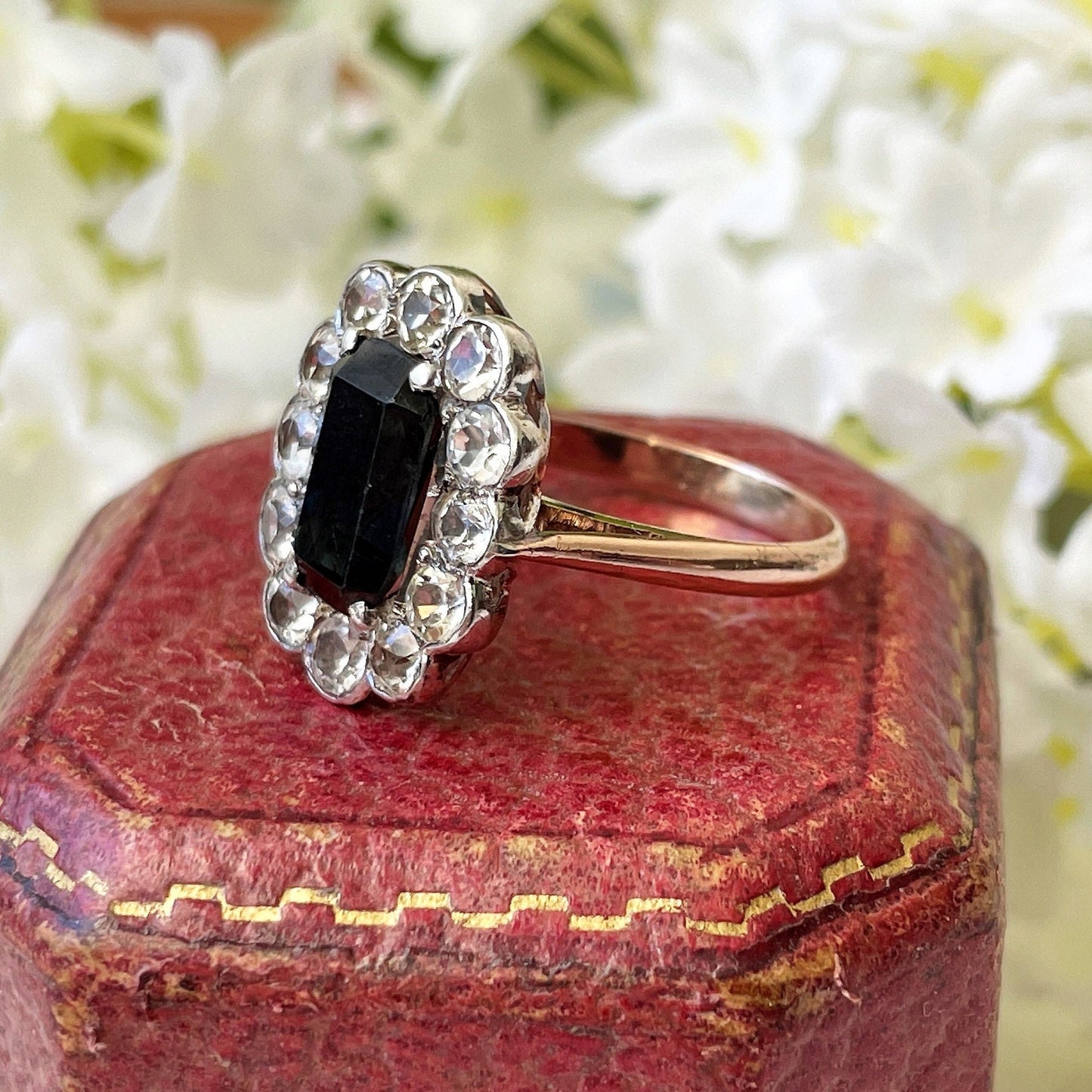 Antique Georgian Sapphire Ring, 18ct Gold. Blue Baguette Cut & White Rose Cut Sapphire Cluster Ring. Georgian/Victorian Halo Engagement Ring