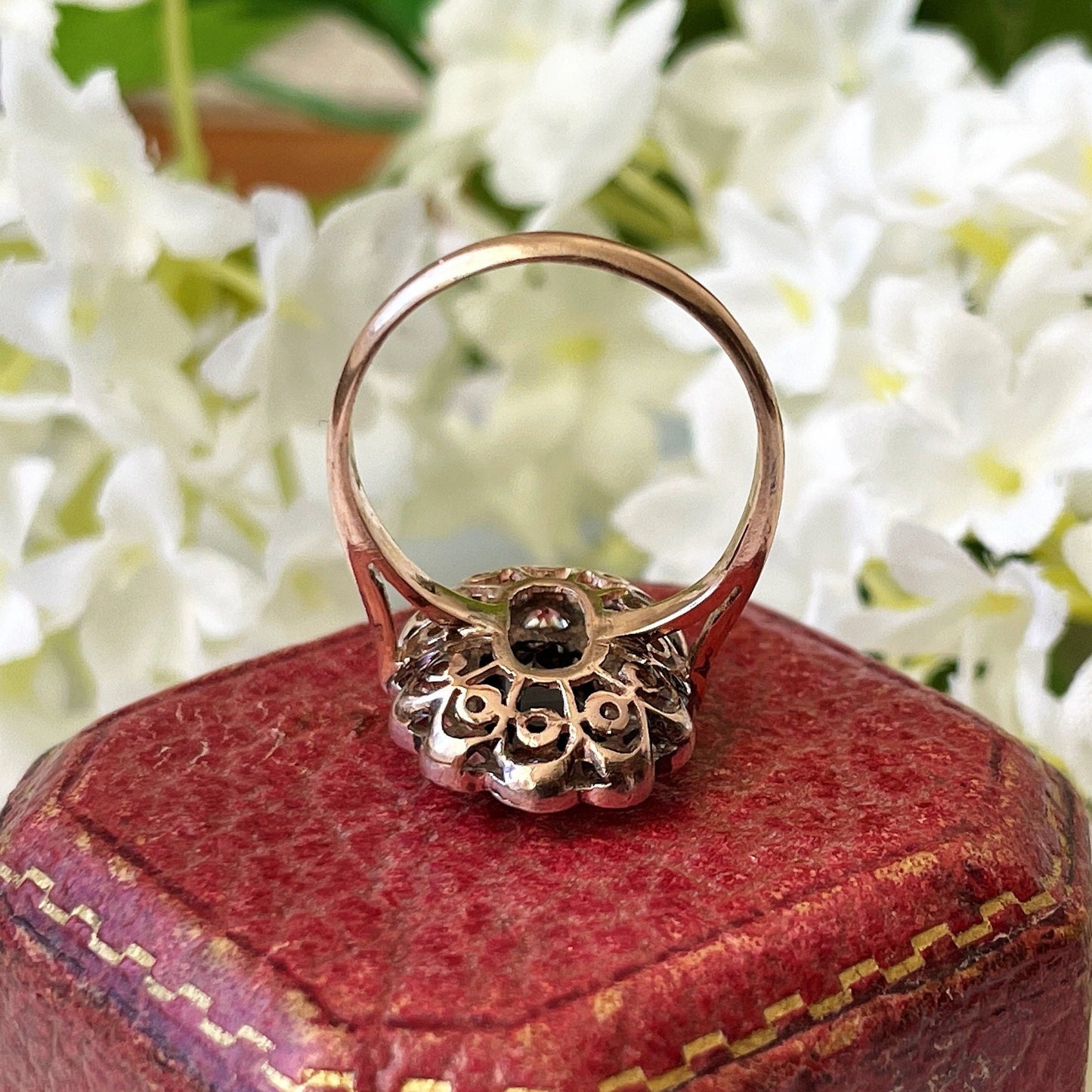Antique Georgian Sapphire Ring, 18ct Gold. Blue Baguette Cut & White Rose Cut Sapphire Cluster Ring. Georgian/Victorian Halo Engagement Ring
