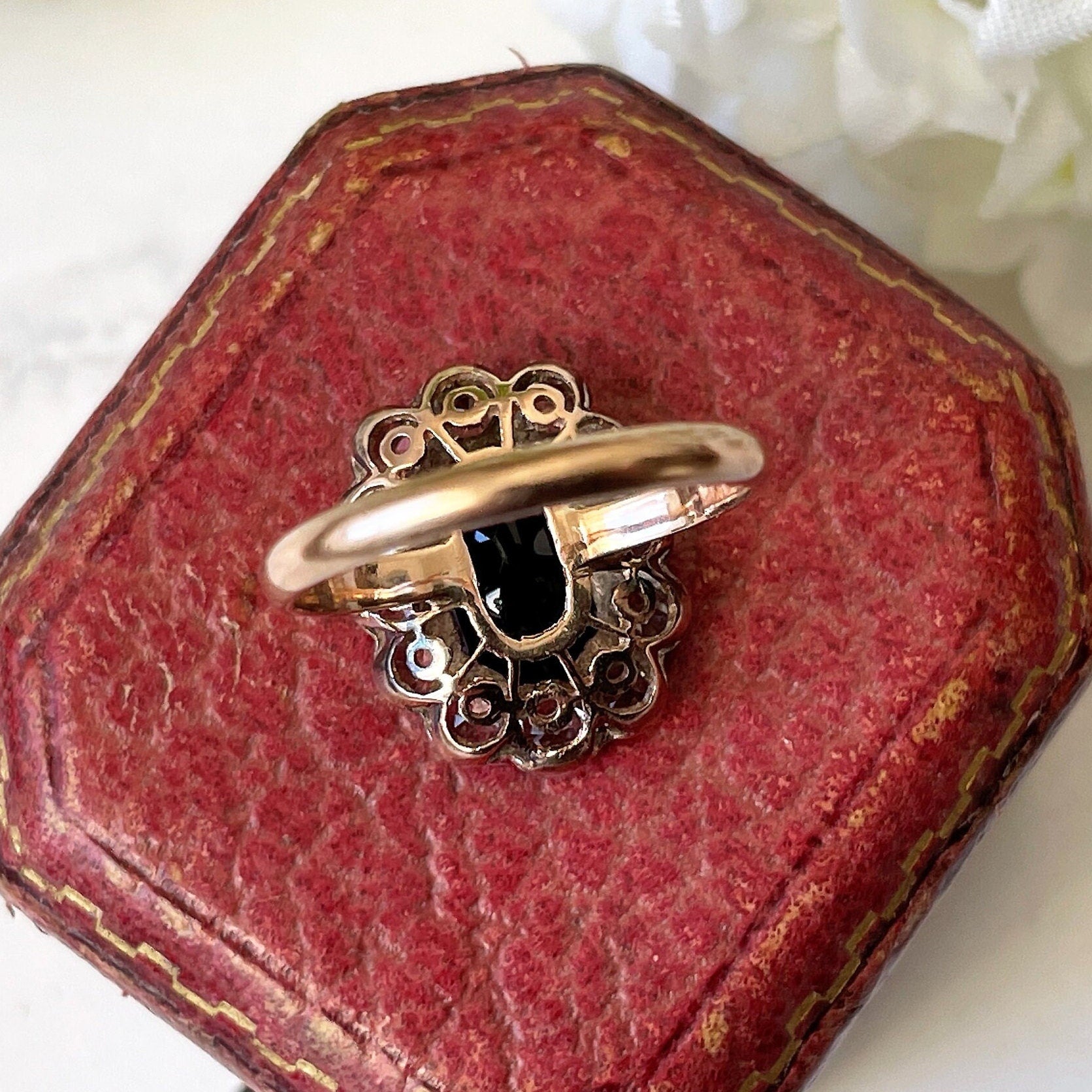 Antique Georgian Sapphire Ring, 18ct Gold. Blue Baguette Cut & White Rose Cut Sapphire Cluster Ring. Georgian/Victorian Halo Engagement Ring