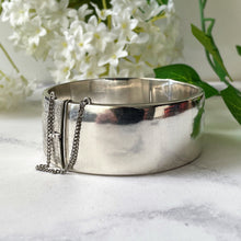 Load image into Gallery viewer, Vintage English Sterling Silver Floral Engraved Bracelet. Victorian Style Wide Hinged Bangle, Hallmarked 1958. Silver Sweetheart Bracelet
