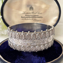 Load image into Gallery viewer, Antique Victorian Aesthetic Engraved Silver Bracelet. Engraved Forget-Me-Not &amp; Silver Bead Wide Hinged Bangle, Hallmarked 1883
