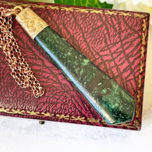 Load image into Gallery viewer, Antique Victorian Rose Gold Malachite Fob Pendant. Engraved Silver Gilt Torpedo Drop Pendant &amp; Chain. Kite/Tie Shaped Scottish Agate Fob.
