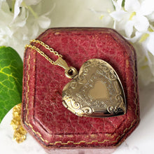 Load image into Gallery viewer, Vintage Solid 14ct Gold Love Heart Locket. Floral Engraved 2-Photo Locket &amp; Chain. Yellow Gold Sweetheart Locket, Romantic Jewelry Gift
