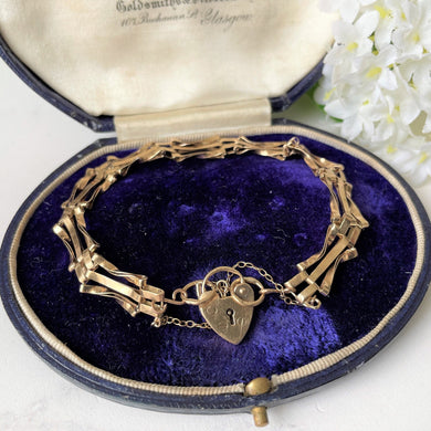 Vintage 9ct Gold Gate Bracelet With Heart Padlock Clasp. English Hallmarked Sweetheart Bracelet. Yellow Gold Fancy Link Love Bracelet