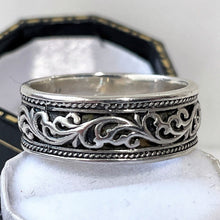 Load image into Gallery viewer, Vintage Danish Sterling Silver Ring. Silver &amp; Black Viking Wave Ring. Vintage Scandinavian Silver Wide Band Ring Size US 8/UK P.5/EU 57.
