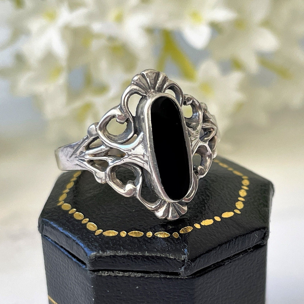 Vintage Whitby Jet Marquise Ring. Antique Art Nouveau/Arts & Crafts Sterling Silver Ring.  Large English Jet Cabochon Ring Size UK/U, US/10