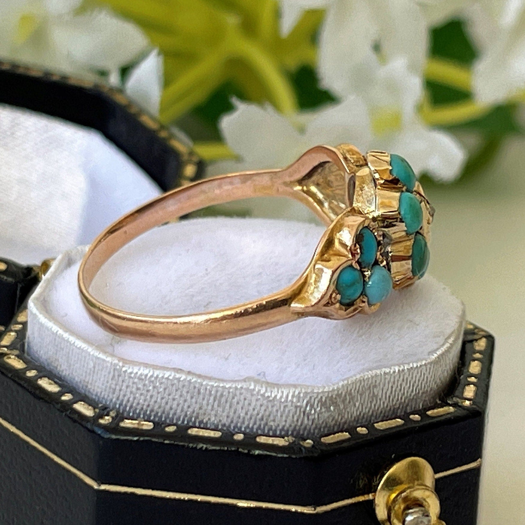 Antique Georgian Diamond & Turquoise Locket Ring. 18ct Gold Forget-me-Not Ring Mourning Ring With Hair. Gemstone Cluster/Halo Flower Ring