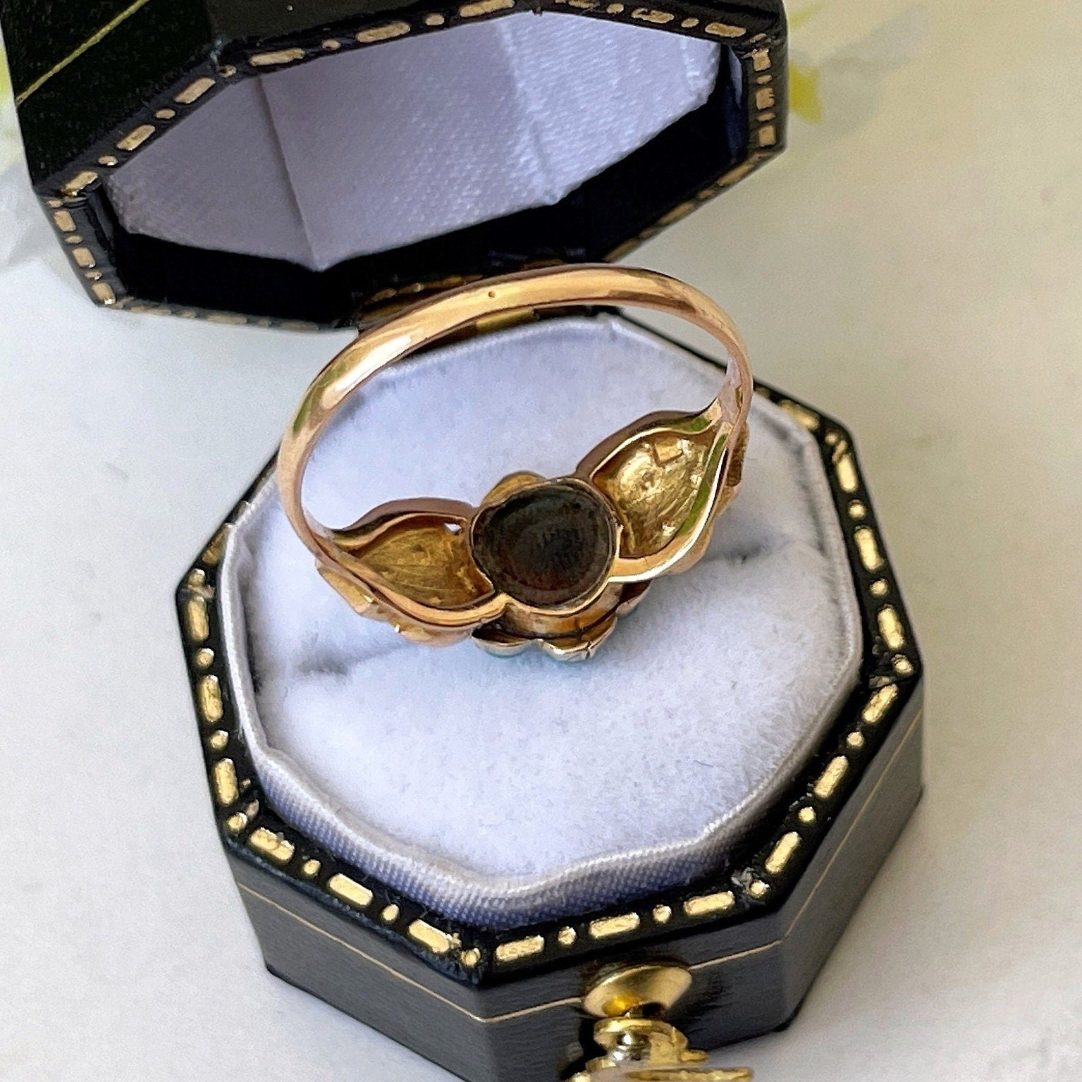 Antique Georgian Diamond & Turquoise Locket Ring. 18ct Gold Forget-me-Not Ring Mourning Ring With Hair. Gemstone Cluster/Halo Flower Ring