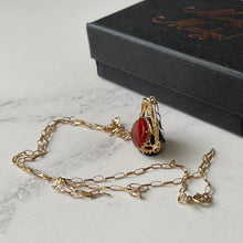 Load image into Gallery viewer, Antique Victorian 9ct Gold Spinner Fob &amp; Chain. Bloodstone, Carnelian and Onyx 3 Sided Pendant/Charm. English Victorian Filigree Pendant Fob
