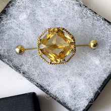 Load image into Gallery viewer, Antique Victorian Scottish Citrine 9ct Gold Brooch. 15ct Lemon Citrine Brooch. Antique Scottish Cairngorm 9ct Gold Lapel/Stock/Cravat Pin.
