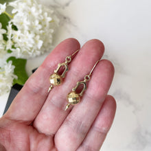 Load image into Gallery viewer, Antique Victorian Earrings. Gold Gilt Sterling Silver Drop Earrings. Etruscan Orb Dangle Earrings. Gold Pendant Earrings. Victorian Jewelry
