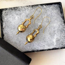 Load image into Gallery viewer, Antique Victorian Earrings. Gold Gilt Sterling Silver Drop Earrings. Etruscan Orb Dangle Earrings. Gold Pendant Earrings. Victorian Jewelry
