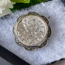 Load image into Gallery viewer, Antique Victorian Silver Sweetheart Brooch. Aesthetic Engraved Ivy Pie Crust Button/Disc Brooch. Sterling Silver Round Lapel/Collar Pin

