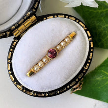Load image into Gallery viewer, Antique Pink Garnet &amp; Pearl 9ct Gold Pin. Edwardian Stock/Tie/Cravat/Collar Pin. Rhodolite Garnet and Seed Pearl Tiny Gold Brooch

