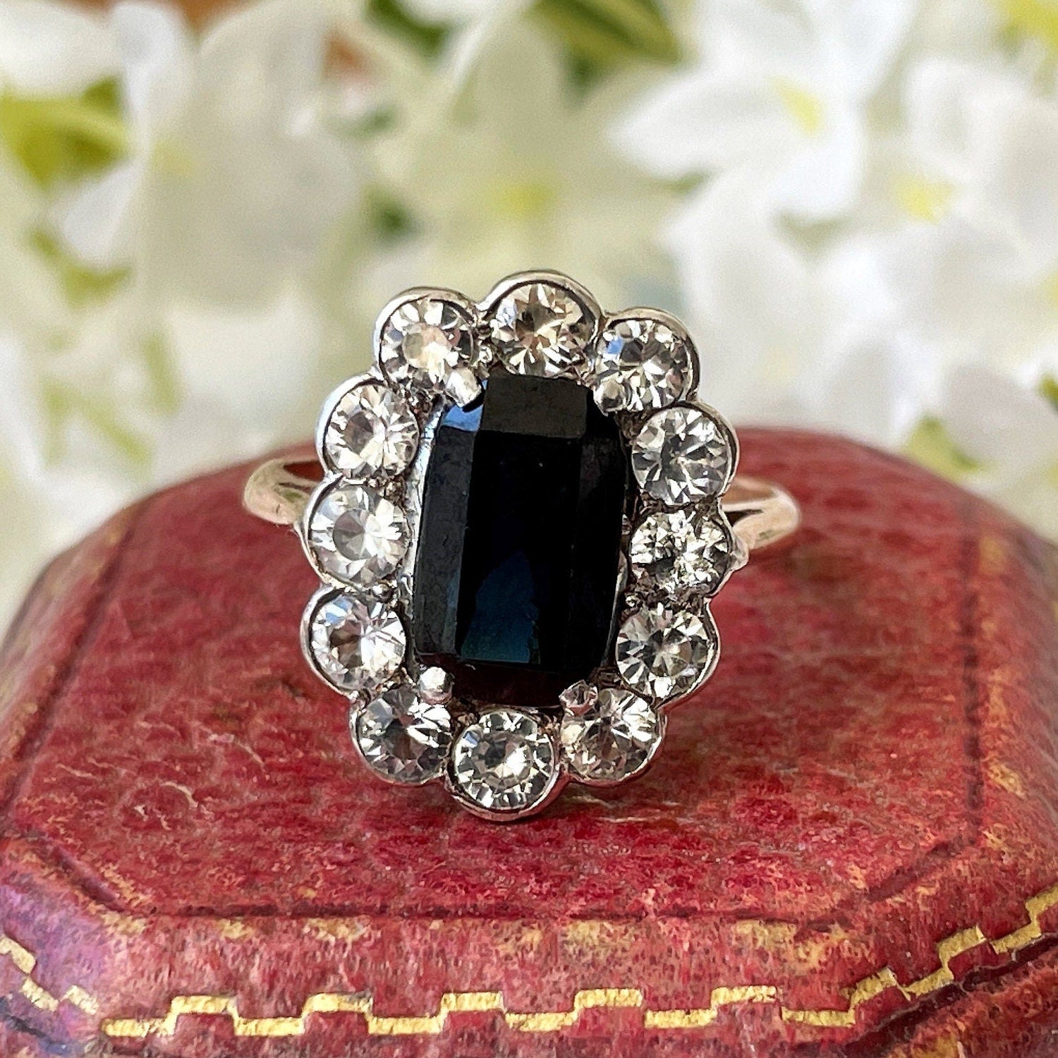 Antique Georgian Sapphire Ring, 18ct Gold. Blue Baguette Cut & White Rose Cut Sapphire Cluster Ring. Georgian/Victorian Halo Engagement Ring